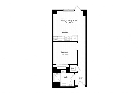 Floor plan for 1 bed, 1 bath, 532 sqft